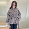 Casual Solid Woolen Loose Coats Women Belt Stand Collar Full Sleeve Zippers Lace Up Coat Female Autumn Lady Outwears