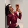 Sexy Burgundy Deep V-neck Mini Dress Women Elegant Full Sleeve Shoulder Pads Pleated Slim Short Dresses Lady Evening Party Gowns
