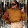 Color Block Cropped Anorak Jacket Women Stand Collar Half Zip Kangaroo Pocket Long Sleeve Jackets Autumn Casual Chic Coat