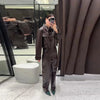 Leather Women's Pants Sets Chic Laple Single Breasted Long Sleeve Jackets Elastic Waist Straight Pants Suit Lady Outfits