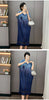 Pleated Faux Denim Dress Women's Chic Single Breasted Lapel Half Sleeve Mid-Length Dresses Loose Casual 2DB4371