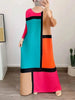 Round Neck Pleated Dress For Women Color Block Long Sleeves Loose A-line Dresses Printed Female Clothing Tide 2YA946