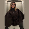 Women's Poncho Coats Vintage Stand Collar Belt Button Lace Up Full Sleeve Overcoat Female Autumn Lady Streetwears
