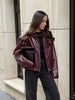 Wine Red Faux Leather Jakcet Outerwear Thicken Zipper Lapel Pu Coats Autumn Winter Streetwear Ladies Tops Women