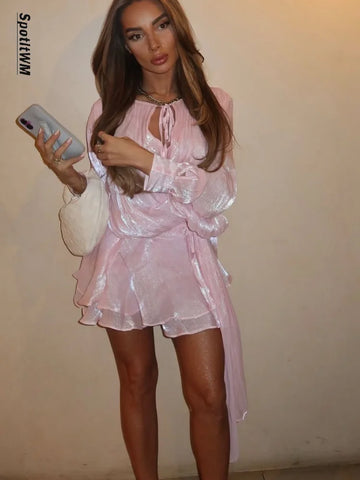 Solid High Waist Lace Up Dress Women Elegant Round Neck Lantern Long Sleeve Layer Ruffles A Line Mini Vestido Lady Party Wear