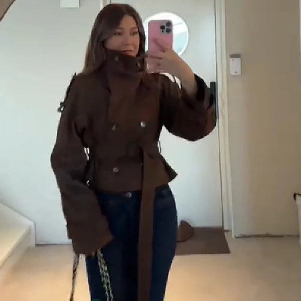 Elegant High Waist Jacket Stand Collar Double-breasted Belt Short Coat Autumn Winter Women Commute Evening Party Outfit