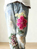 Daily Flower Embroidery Ripped Pearl Decor Denim Jeans for Women Harajuku Casual Street Straight Denim Trousers