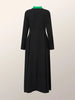 Plus Size Women Color Block Shirt Maxi Dress,Long Sleeve Collared Button Front High Slit Flowy Long Dress With Green Belt,Elegan