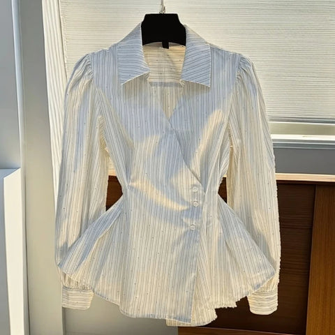 French Striped Long Sleeved Shirt Women Autumn Elegant Turndown Collar Waist Cinched Top Temperament Dress Hemline Blouse