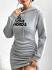 Women's Casual Elegant Hooded Dress Autumn Winter Long Sleeved Waist Cinched Drawstring Pattern Printed Hoodie