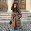 Elegant Fur Collar Hood Belt Long Cotton Jacket Women Zipper Drawstring Waist Parka Down Coat Winter Lady Warm Chic Outwear