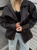 Drawstring Waist Brown Textured PU Leather Jacket Women High Neck Asymmetric Zip Button Detail Oversized Full Streetwear