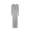 Spring Autumn Metal Deco Knitted Dress For Women Round neck Long Sleeve Split Slim Mid Length Sweater Dresses