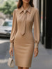 Autumn temperament solid colour waist tie long-sleeved dress women