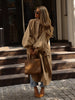 Women Chic Long Trench Coat Loose Lantern Sleeve Stand Collar Side Slit Single Breasted Windproof Outerwear Casual Ladies Jacket