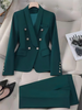 Women Emerald Green Solid Double Breasted Blazer Pants Suit, Metal Buttons Waist Cinched 2 Piece Elegant Office Commute Outfit