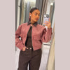 Pink Corduroy Cropped Jacket For Women Casual Contrast Collar Long Sleeve Zipper Coat Lady Spring Chic Streetwear