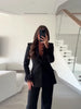 Women's Black Blazer Pants Set With Feather Cuffs Lapel Long Sleeve Button Jacket Wide Leg Pants Lady Chic Outfits