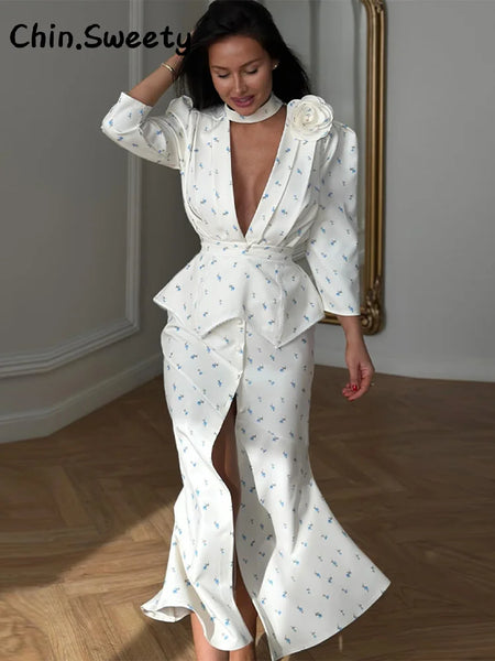 Elegant Women's Printed Waistband Long Dress 3D Flower V-neck Bubble Sleeve Patchwork A-line Dresses Spring Party Robe