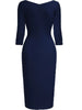 Womens Elegant Cutout Neck 2/3 Sleeve Work Office Knee Length Split Business Casual Party Ruched Pencil Bodycon Sheath Dress