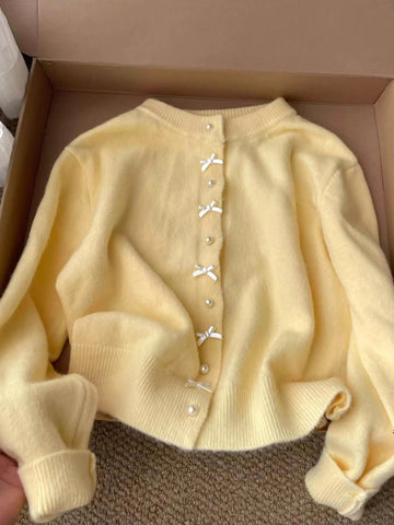 Women's Sweater Gentle Style Long Sleeve Pearl Button Top Spring Autumn O-Neck Sweet Bow Yellow Knitted Cardigan Coat