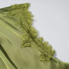 Olive Green Satin Maxi Dress Women Elegant Shawl Design Lace Trim Asymmetrical Hem Ruched Bodycon Formal Dinner Gown