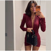 Sexy Burgundy Deep V-neck Mini Dress Women Elegant Full Sleeve Shoulder Pads Pleated Slim Short Dresses Lady Evening Party Gowns