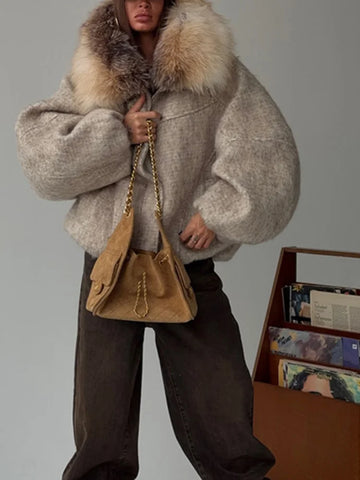 Winter Faux Fur Collar Woolen Coat Women Vintage Thick Hooded Long Sleeve Oversized Warm Jacket Lady High Streetwear