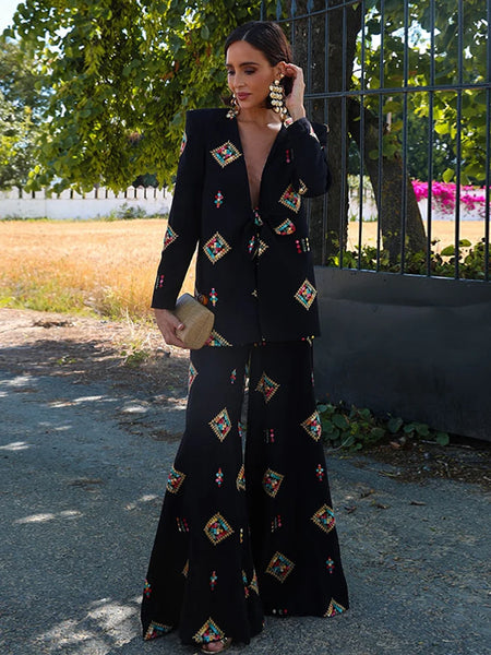 Vintage Printed Blazer Jacket Women's Pants Sets Shoulder Pads V Neck Lace Up Full Sleeve Jackets Wide Leg Pant Lady Outfit
