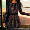 Dress Women Sequins Splice Full Sleeve Midi Dresses Split Solid Round Neck Slim Fit Vestidos Wrap Hip Elegant High Street