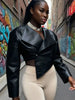 Faux Leather Single Button Crop Jacket Women Autumn Cross Neck Full Sleeve Wild Style Classic Streetwear Coat