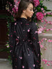 Elegant Printed Satin Long Dress Women Slim Lace Up V-neck Full Sleeve Pleat Dresses Autumn Lady Party Evening Robes