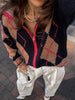Color Block Argyle Knitted Women Cardigan Oversized Lapel Collar Long Sleeve Sweater Coat Fall Winter Warm Loose Knitwear