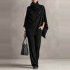 Women's Casual Long Sleeve Solid 2Pc Outfits Elegant Draped Wide Legger Suit Pile up Collar Cape Tops & Long Pants Sets