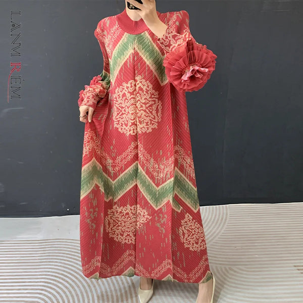 Vintage Chic Printting Straight Pleated Women's Dress Hand-Cranked Floral Long Dresses Spring Clothing 2DB6498