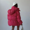 Women Striped Hooded Cotton Jacket Long Sleeve Stand Zipper Buttons Thickening Padded Jackets Winter Casual Coat