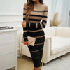 Office Ladies Knitted Dress Elegant Striped Print Slim Long-sleeved Dress Autumn Winter