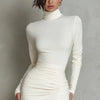 Elegant Turtleneck Ruched Bodycon Long Dress Woman Sexy High Waist Split Evening Dresses Spring Fall Long Sleeve Slim Boho Dress
