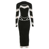 Jacquard Patchwork Dress Women Chic Hollow Full Sleeve O-Neck Stretch Skinny Sexy Hottie Banquet Party Club Vestidos