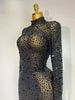 Sparkly Rhinstones Long Sleeve Elegant Party Dress Women Performance Stage Outfit Evening Birthday Prom Gown