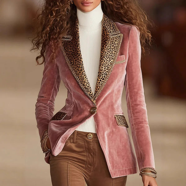 Elegant Leopard Velvet Patchwork Jackets Blazer Single Button Pockets Notched Collar Office Lady Autumn Jackets