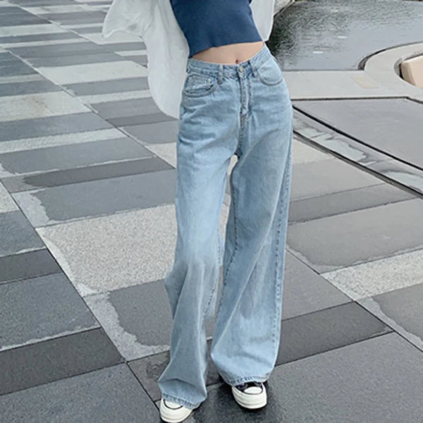Autumn Spring Jeans Women Denim Pants Vintage Straight Trousers Female White Black Solid Loose Casual Wide Leg Pants