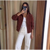 Solid Faux Suede Jackets Women's Stand Collar Full Sleeves Zip Cropped Coat Autumn Winter Lady Casual Outerwear