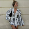 Polka Dot Puff Sleeve Dress Women's V-neck Waist Cinching Pleated Mini Dresses Spring Lady Elegant Casual Wear