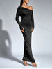 Women's Long Sleeve Asymmetric Neck Long Dress One Shoulder Ruched Bodycon Club Party Maxi Dresses Brown Autumn