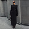 Black Tailored Long Coat Women Elegant Asymmetric Button Front Pockets Full Sleeve Criss-cross Neck Jacket Casual Outerwear