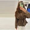 Elegant Suede Belt Women's Jacket Loose Full Sleeve Stand Collar Single Breasted Lace Up Jacket Female Autumn Coat