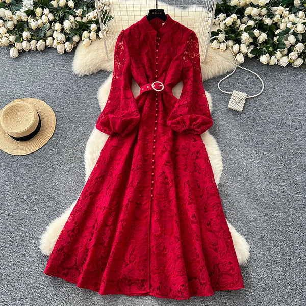 Spring Autumn High End Elegant Birthday Party Women's Dress French Hook Flower Single Breasted Slim Lace Long Dress S89