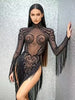 Sexy Black See Through Mesh Sequins Tassel Mini Dress Long Sleeves Sparkly Rhinestone Women Latin Dance Team Photoshoot Dress