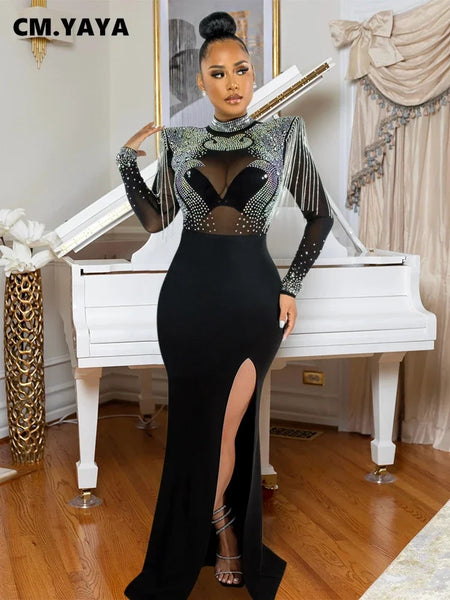 Women Mesh See Through Long Sleeve Diamonds Rhinestones Mermaid Long Dress Fall Evening Sexy Party Dresses Vestidos